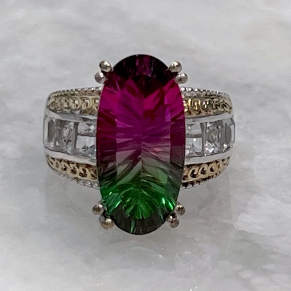 Watermelon Quartz Multigemstone 14K YG Sterling Silver Statement Ring